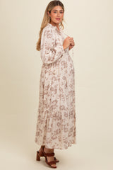 Mocha Floral Button Front Tiered Long Sleeve Maternity Maxi Dress