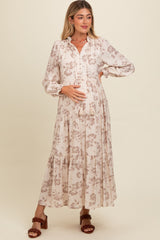 Mocha Floral Button Front Tiered Long Sleeve Maternity Maxi Dress