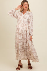 Mocha Floral Button Front Tiered Long Sleeve Maternity Maxi Dress