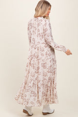 Mocha Floral Button Front Tiered Long Sleeve Maxi Dress