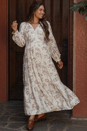 Mocha Floral Button Front Tiered Long Sleeve Maternity Maxi Dress