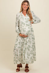 Olive Floral Button Front Tiered Long Sleeve Maternity Maxi Dress