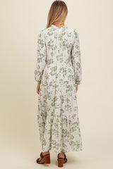 Olive Floral Button Front Tiered Long Sleeve Maternity Maxi Dress