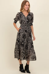 Black Paisley Button Front V-Neck Tiered Midi Dress