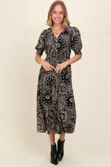 Black Paisley Button Front V-Neck Tiered Maternity Midi Dress