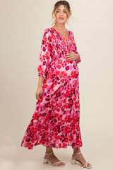 Pink Floral Wrap Front Smocked V-Neck Tiered Maternity Midi Dress