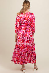 Pink Floral Wrap Front Smocked V-Neck Tiered Maternity Midi Dress