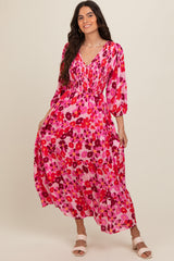 Pink Floral Wrap Front Smocked V-Neck Tiered Maternity Midi Dress