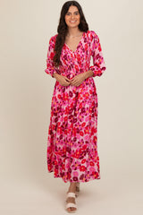 Pink Floral Wrap Front Smocked V-Neck Tiered Midi Dress