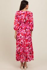 Pink Floral Wrap Front Smocked V-Neck Tiered Midi Dress