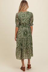 Green Paisley Button Front V-Neck Tiered Maternity Midi Dress