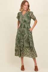 Green Paisley Button Front V-Neck Tiered Midi Dress