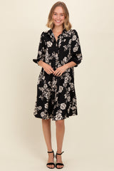 Black Floral Button Down Collared Maternity Dress