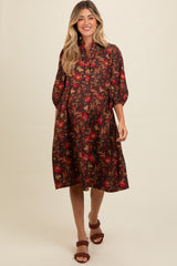 Brown Floral Button Down Maternity Midi Dress