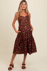 Brown Floral Sweetheart Neck Button Down Maternity Midi Dress