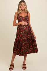 Brown Floral Sweetheart Neck Button Down Maternity Midi Dress