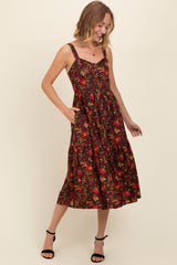 Brown Floral Sweetheart Neck Button Down Maternity Midi Dress