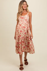 Cream Floral Sweetheart Neck Button Down Maternity Midi Dress