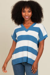 Blue Striped V-Neck Sweater Top