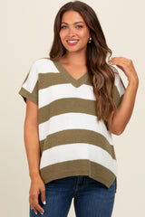 Olive Striped V-Neck Maternity Sweater Top