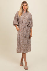 Mocha Leaf Print Button Down Front Tie Midi Dress