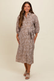 Mocha Leaf Print Button Down Front Tie Maternity Midi Dress