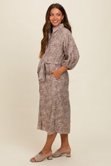 Mocha Leaf Print Button Down Front Tie Maternity Midi Dress