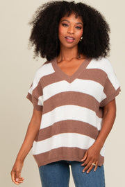 Taupe Striped V-Neck Sweater Top