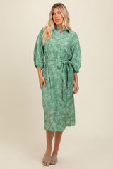 Green Mocha Leaf Print Button Down Front Tie Maternity Midi Dress