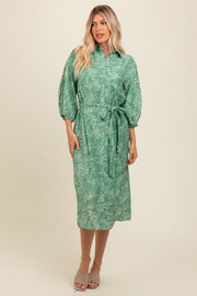 Green Mocha Leaf Print Button Down Front Tie Midi Dress