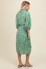 Green Mocha Leaf Print Button Down Front Tie Midi Dress