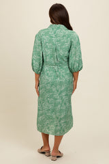 Green Mocha Leaf Print Button Down Front Tie Maternity Midi Dress