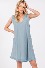 Light Blue Double Pocket Frayed Trim Dress