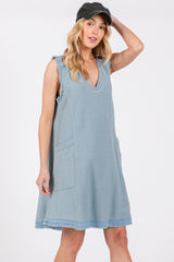 Light Blue Double Pocket Frayed Trim Dress