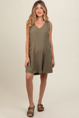 Olive Double Pocket Frayed Trim Maternity Dress