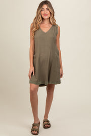 Olive Double Pocket Frayed Trim Maternity Dress