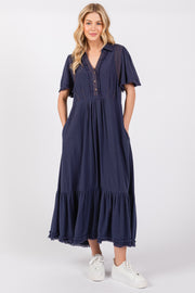 Navy Collared Pocketed Midi Dress