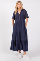 Navy Collared Pocketed Maternity Midi Dress