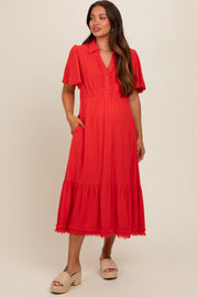 Red Collared Pocketed Maternity Midi Dress