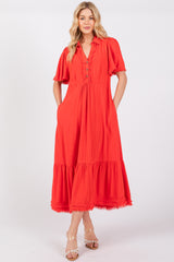 Red Collared Pocketed Maternity Midi Dress