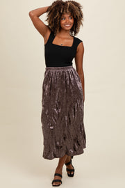 Brown Velvet Crinkled Midi Skirt