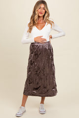 Brown Velvet Crinkled Maternity Midi Skirt