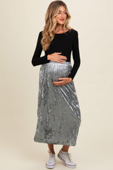 Blue Velvet Crinkled Maternity Midi Skirt