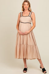 Beige Scallop Trim Tiered Maternity Midi Dress