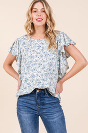 Blue Floral Ruffle Sleeve Blouse