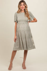 Sage Smocked Embroidered Mesh Maternity Dress