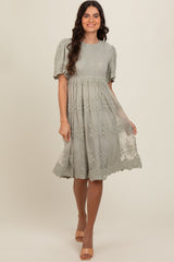 Sage Smocked Embroidered Mesh Dress