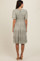 Sage Smocked Embroidered Mesh Dress