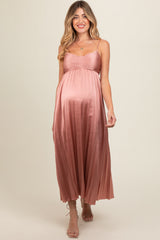 Pink Satin Pleated Maternity Midi Dress