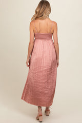 Pink Satin Pleated Maternity Midi Dress